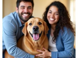 A happy dog being adopted by a family, symbolizing the first partnership with Happy Paws Rescue
