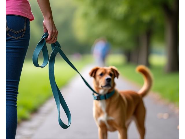 A person holding a leash with a dog walking calmly beside them, demonstrating good leash etiquette