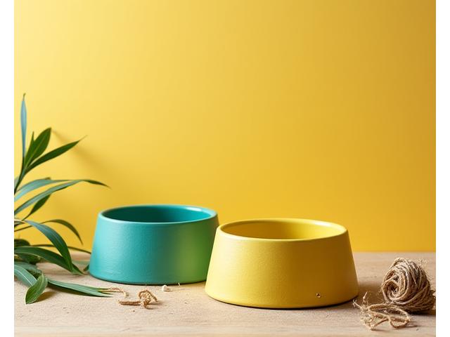 Stack of colorful dog bowls made from bamboo fiber, with a leaf pattern.