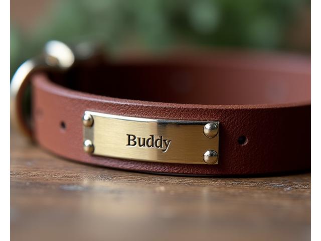 Close-up of a dog collar with a personalized engraved nameplate, showing fine detail.