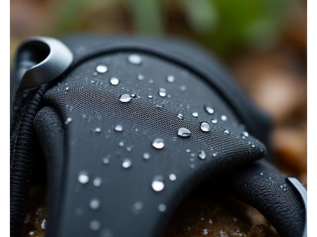 A close-up of a sleek, weather-resistant dog harness in a forest setting, covered lightly with dew or rain droplets, emphasizing its water-repellent properties. The material looks high-tech and robust, ideal for outdoor use.