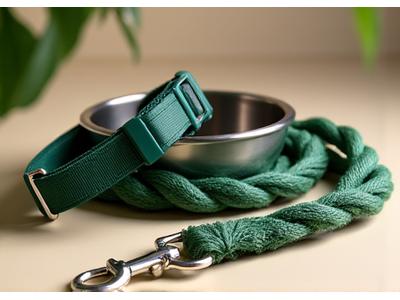 Matching green collar, leash, and bowl